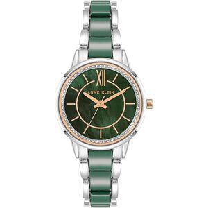 Anne Klein Silver-Tone Green Mother-of-Pearl Crystal Bezel Ladies Watch